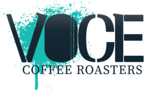 Logo: "Voce Coffee Roasters" in stencil text. Appears as though spraypainted. Neon blue splatter behind text.