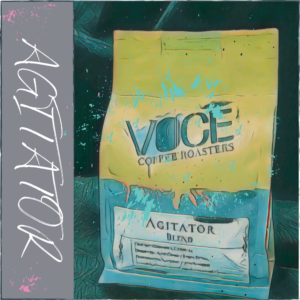 A bag of coffee in a comic drawn style. splatters of Blue, pink and speckles of black paint dot the image. The word "Agitator" written in a scribbled font down the side in a grey background.