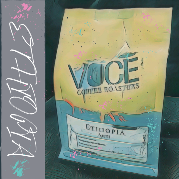 A bag of coffee in a comic drawn style. splatters of Blue, pink and speckles of black paint dot the image. The word "Ethiopia" written in a scribbled font down the side in a grey background.