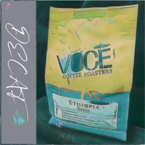 A bag of coffee in a comic drawn style. splatters of Blue, pink and speckles of black paint dot the image. The word "Decaf" written in a scribbled font down the side in a grey background.