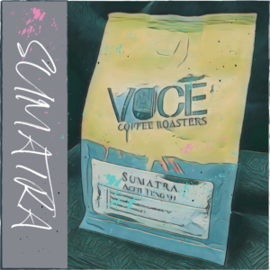 A bag of coffee in a comic drawn style. splatters of Blue, pink and speckles of black paint dot the image. The word "Sumatra" written in a scribbled font down the side in a grey background.